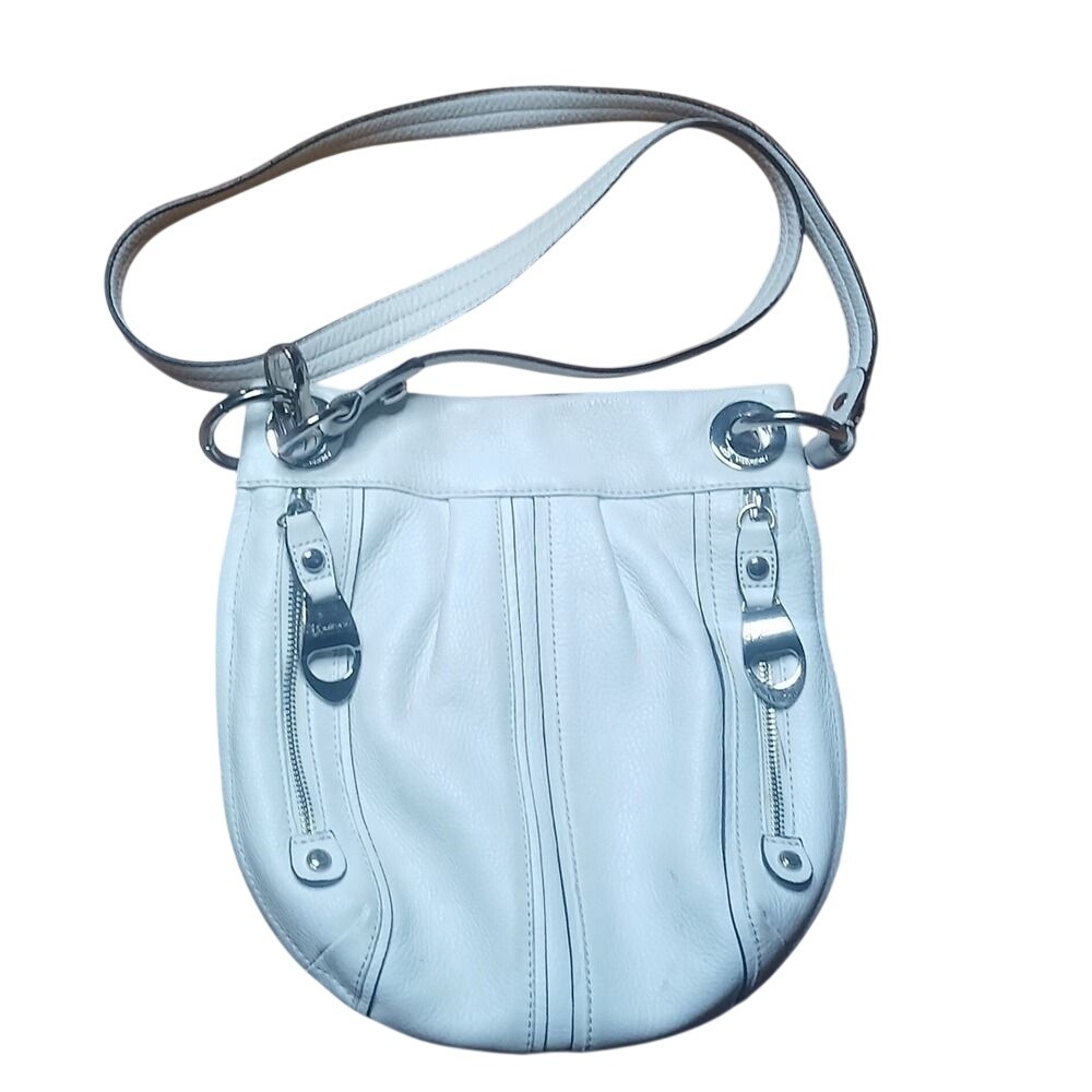 B. Makowsky Crossbody Bag Women Small White Leather Pleated Front Zip A200532